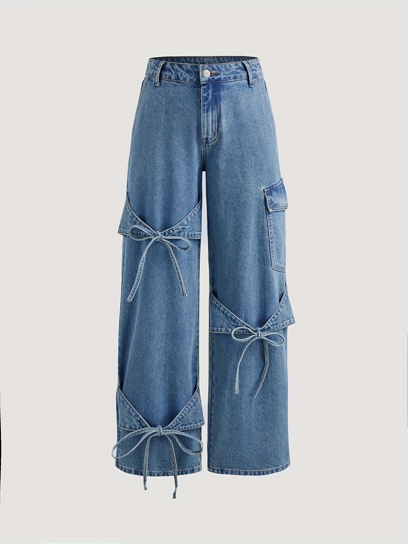 Casual denim jeans for women with drawstring detail, high waist, straight leg, solid color, non-stretch cotton blend (86% cotton, 8% viscose, 6% polyester) ideal for spring/fall.