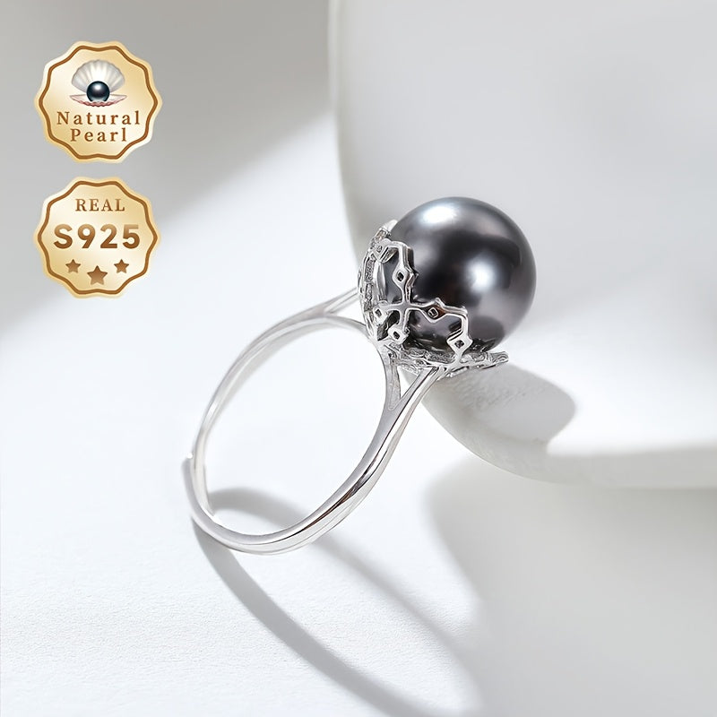 Elegant Black Round Natural Pearl Ring with 11-12mm Deep Sea Large Freshwater Pearl on Adjustable Open S925 Silver Band - Comes in a Perfect Gift Box, Shape and Color May Vary, Daimi Brand