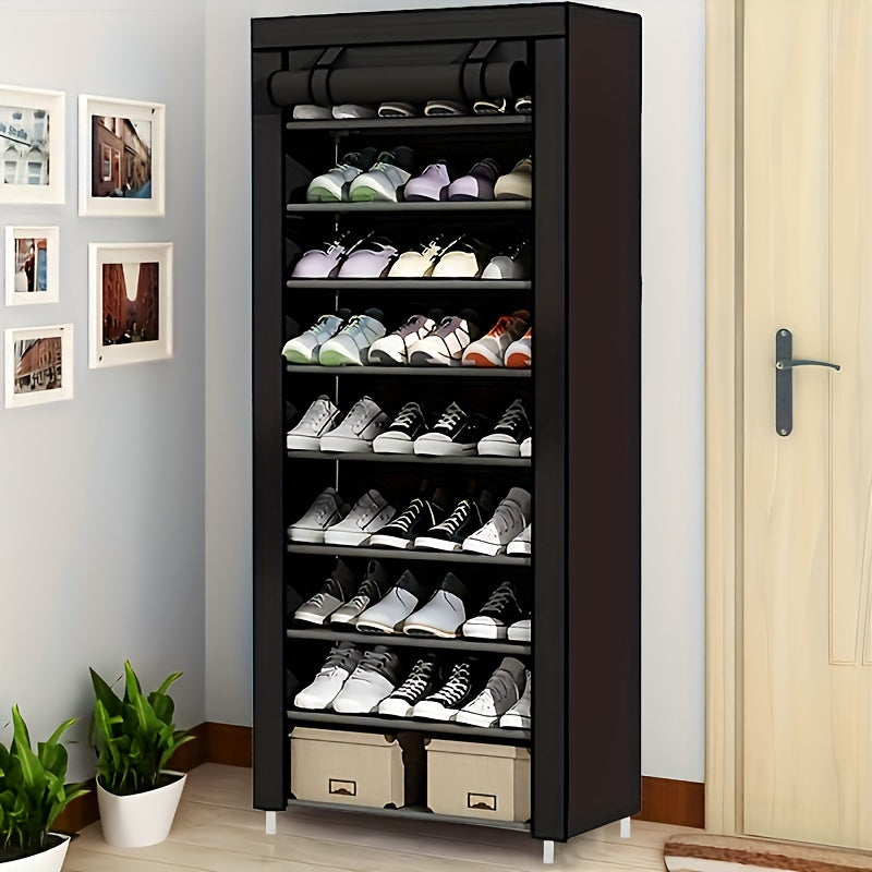 Multi-layer outdoor storage cabinet with zipper, shoe cabinet and rack assembly. This dust-proof, stainless steel shoe cabinet has multiple layers for storage. Simple and efficient shoe storage solution.