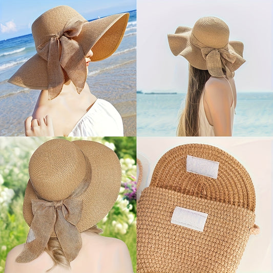 2-piece set: Women's Wave Khaki beach sun hat and woven shoulder bag, ideal for spring/summer beach trips.