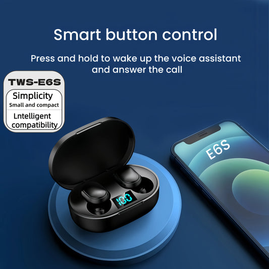 Wireless TWS E6S earbuds with ANC, digital display, smart control, HD call, mic, and rechargeable battery - great for gaming, music, and sports.