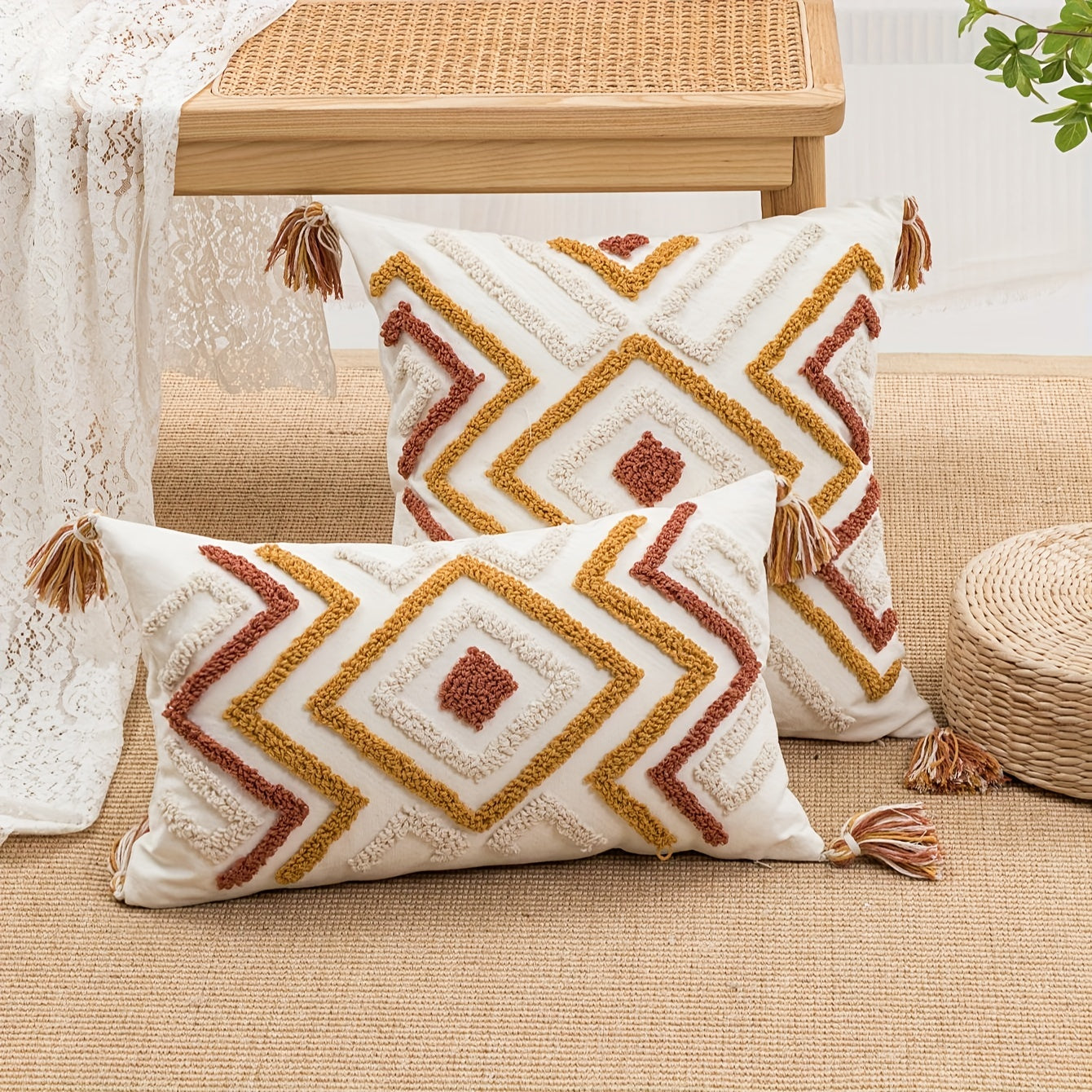 1pc Geometric Square Bohemian Style Loop Velvet Embroidery Craft Printed Throw Pillow Cover for Home Decor