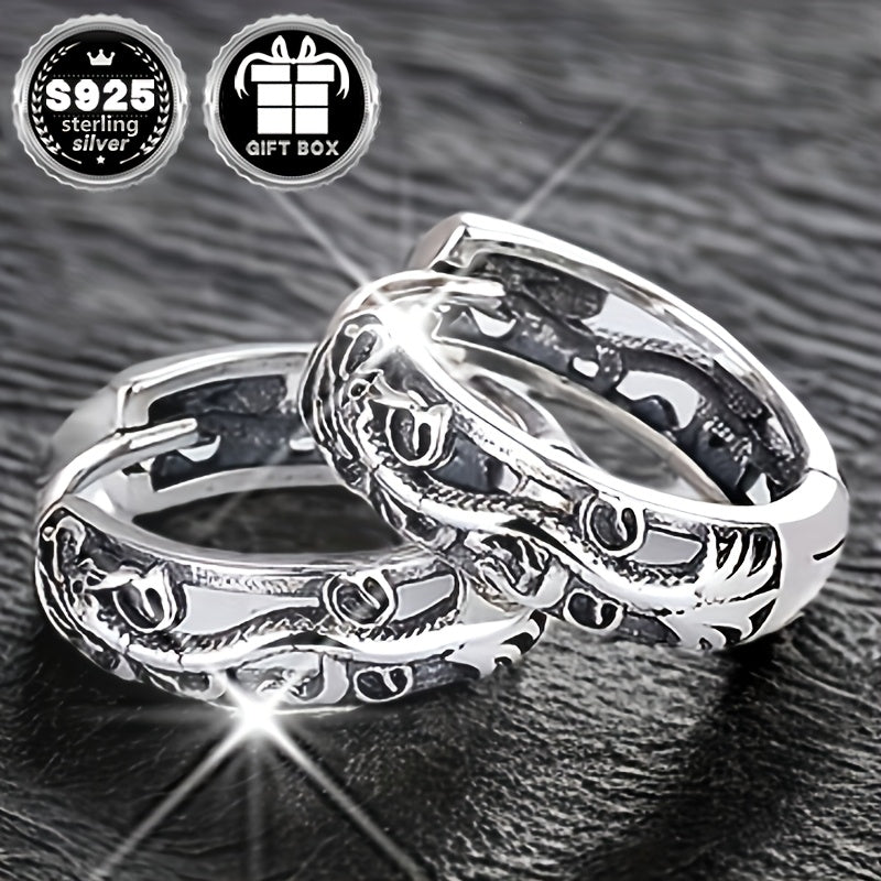 Dragon Zodiac Textured Hoop Earrings made of Hypoallergenic S925 Sterling Silver, featuring a Hollow design with an Artsy Ethnic Chinese Totem. Unisex Style, Lightweight Ear Jewelry weighing 2.9g/0.1oz