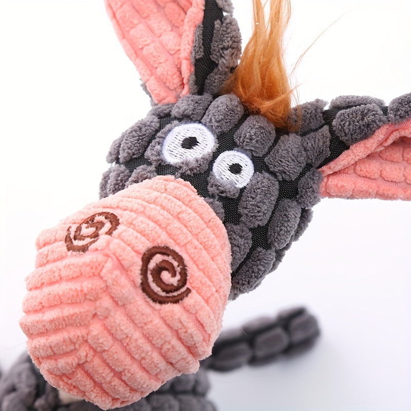 Plush donkey-shaped pet toy with bite-resistant, teeth-grinding features and BB sound.