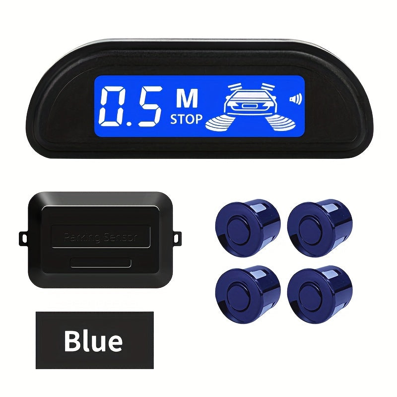 Car Reversing Radar with 4 parking sensors, LED display, sound indicator, 8 colors, and reverse parking assistance.