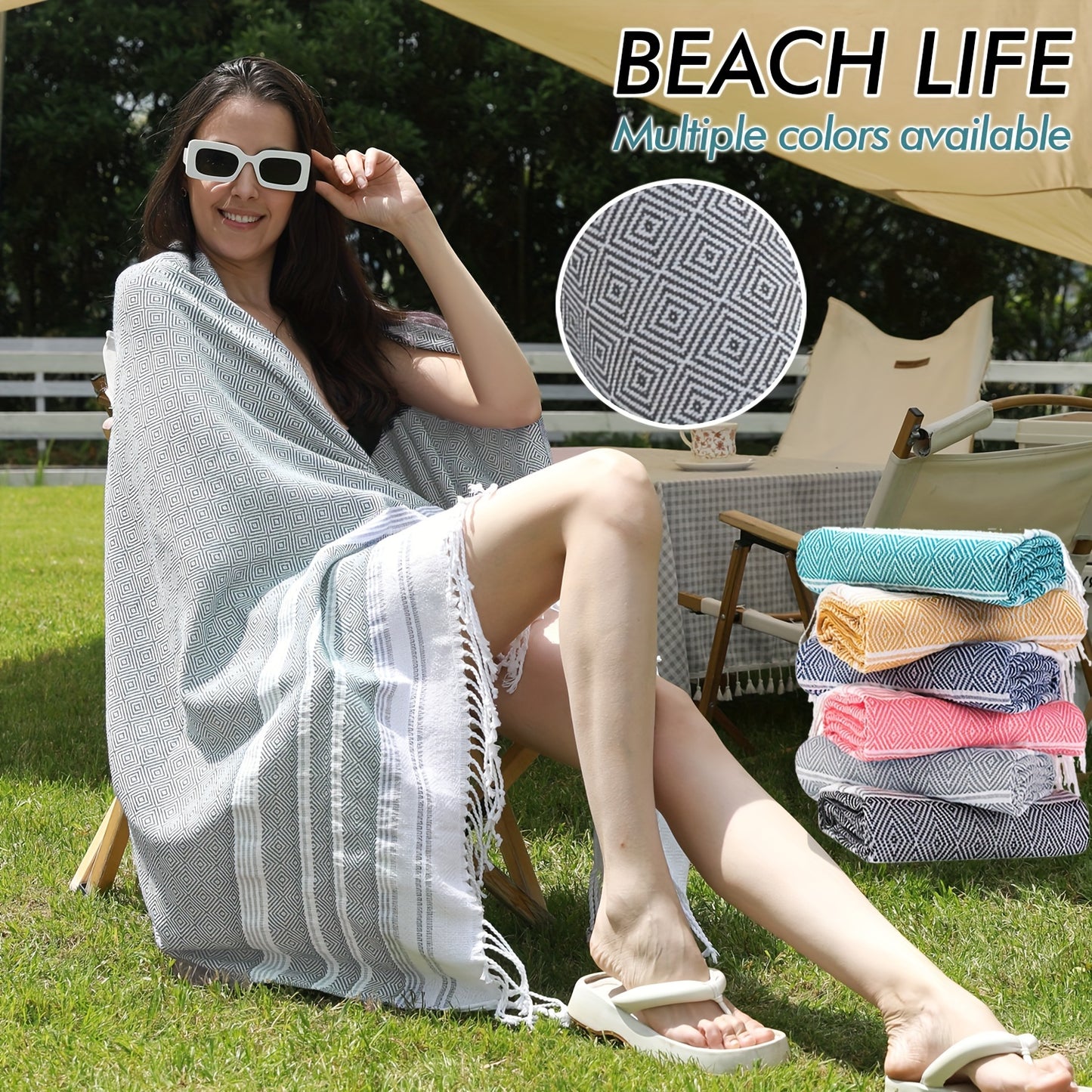 XL Turkish beach towel is quick dry, sandproof, and lightweight. Ideal for pool, swim, travel, and camping. Features tropical geometric design. Perfect gift for men, women, teachers, and beach goers.