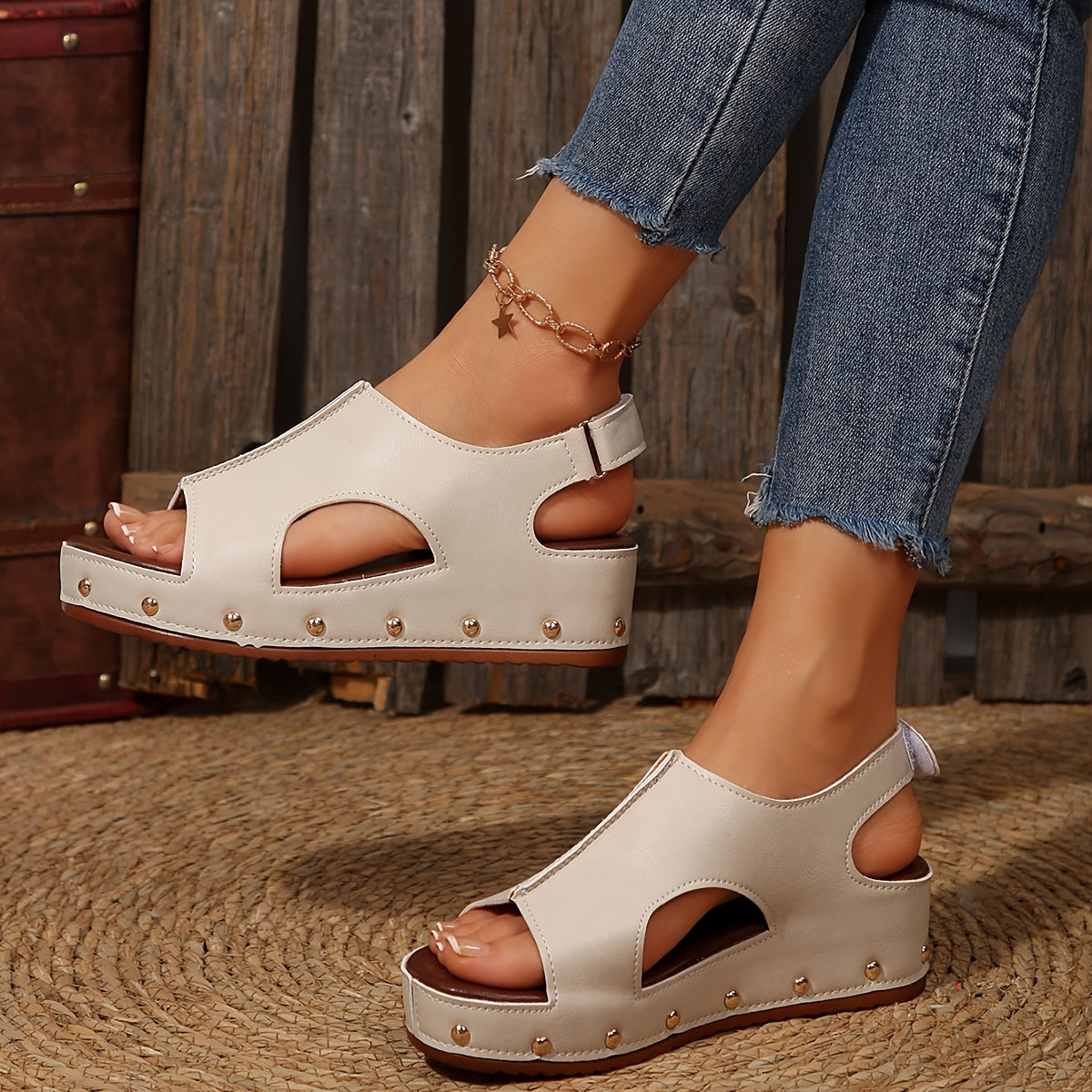 Comfort wedge sandals for women with open toe, mid-heel, hook-and-loop closure, faux cover for summer.