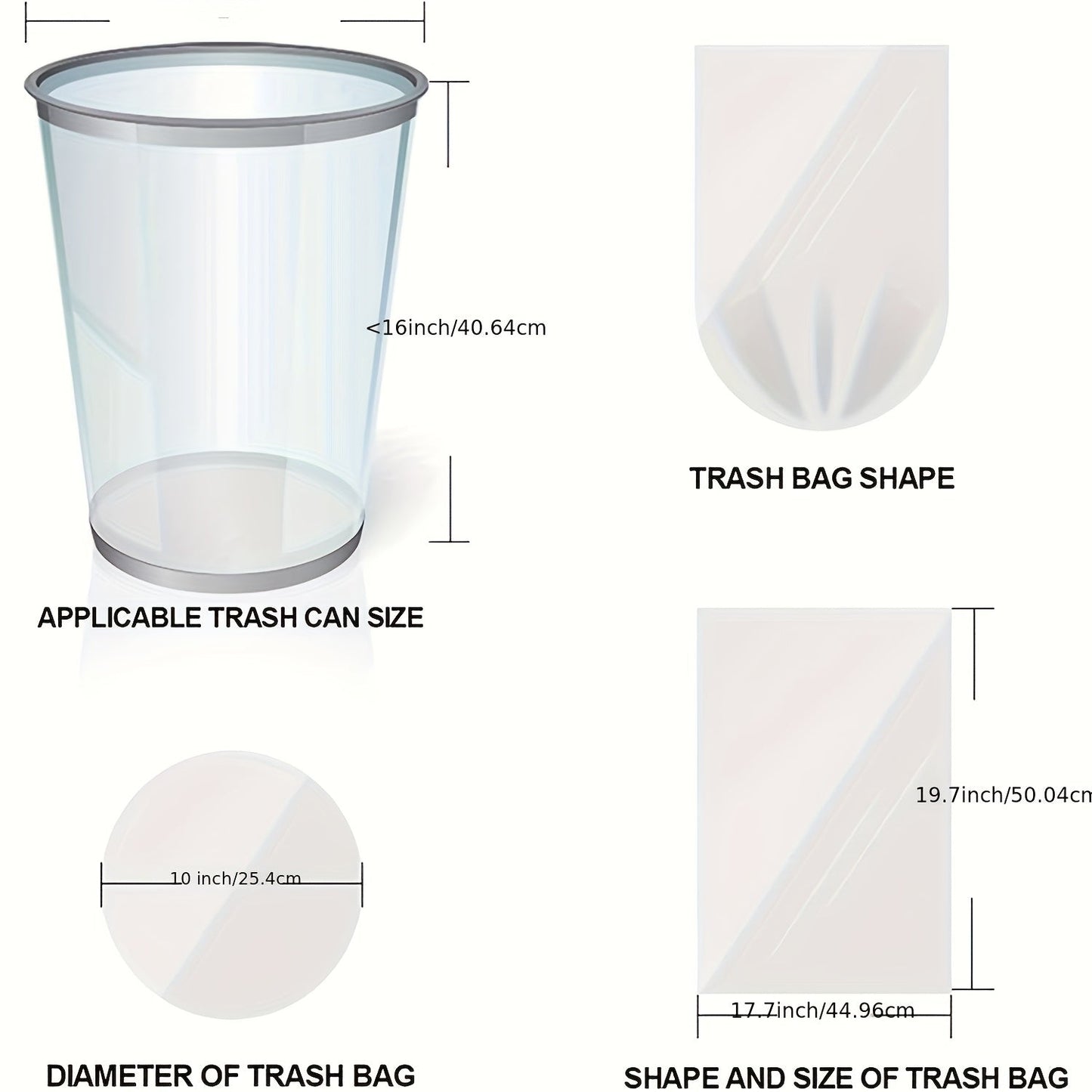 100 biodegradable garbage bags in each roll, measuring 45.01x50.01 cm. These plastic bags are multi-purpose and suitable for use in various settings such as home, kitchen, business, school, office, outdoor, bathroom, and professional use. They are