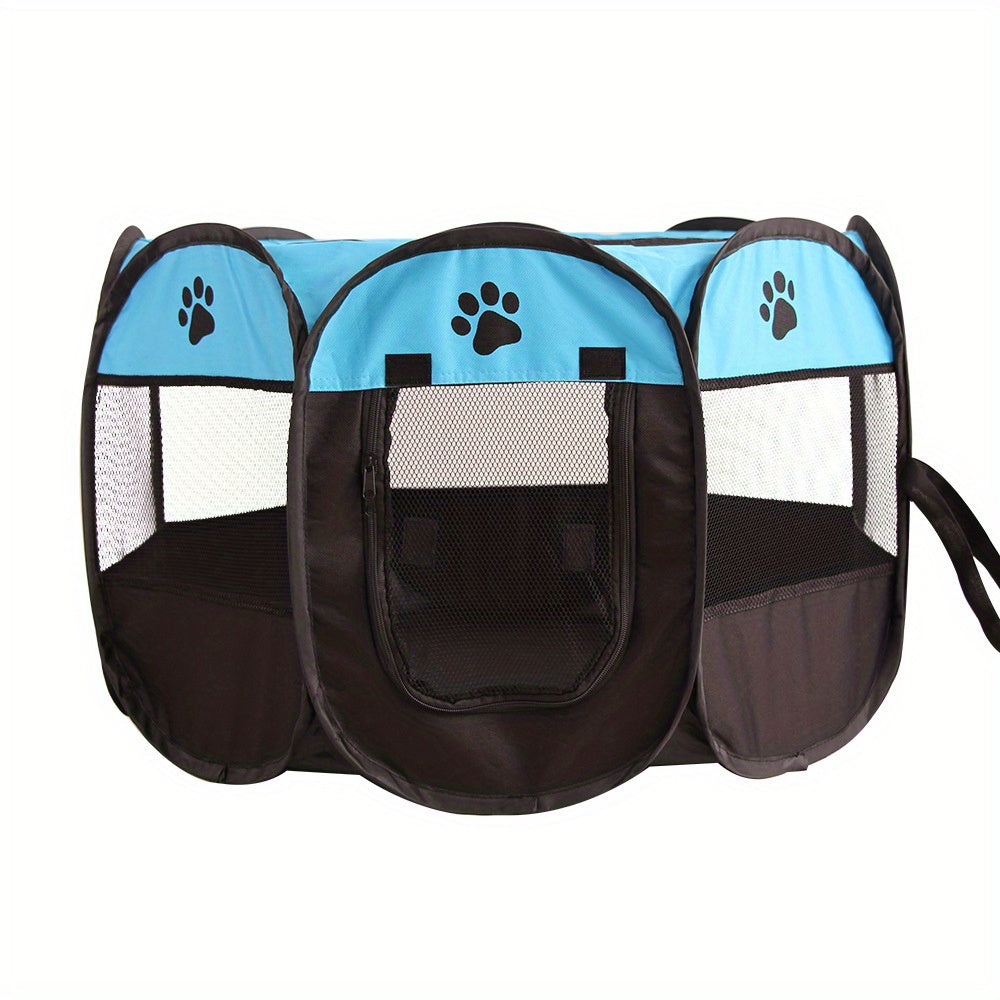 Foldable cat tent bed made of durable polyester with paw print design, zippered door for indoor/outdoor use.