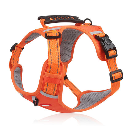 Adjustable no-pull pet harness with easy control handle for dogs and cats, prevents choking and pulling, comfortable and secure fit for large breeds.