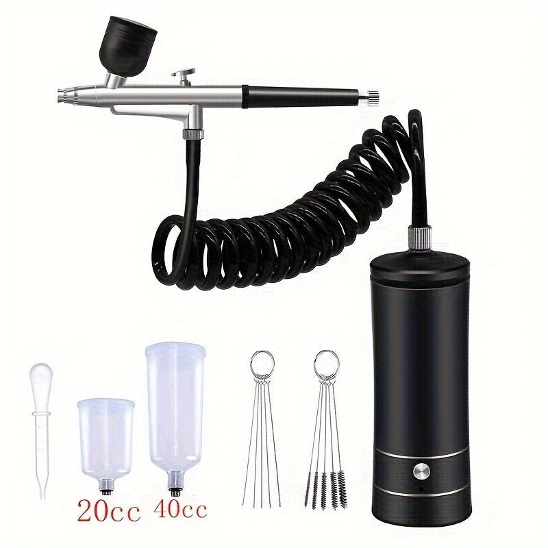 Portable, rechargeable airbrush kit with compressor and handheld gun for painting, art, and home decoration. Features 0.3mm tip.