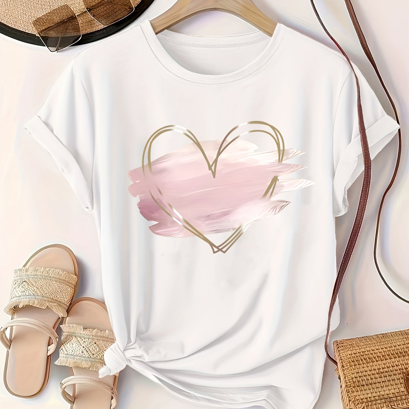 Stylish plus size T-shirt with pink heart print, crew neck, short sleeves, and medium stretch polyester knit fabric. Features applique detail, perfect for spring, summer, and fall.