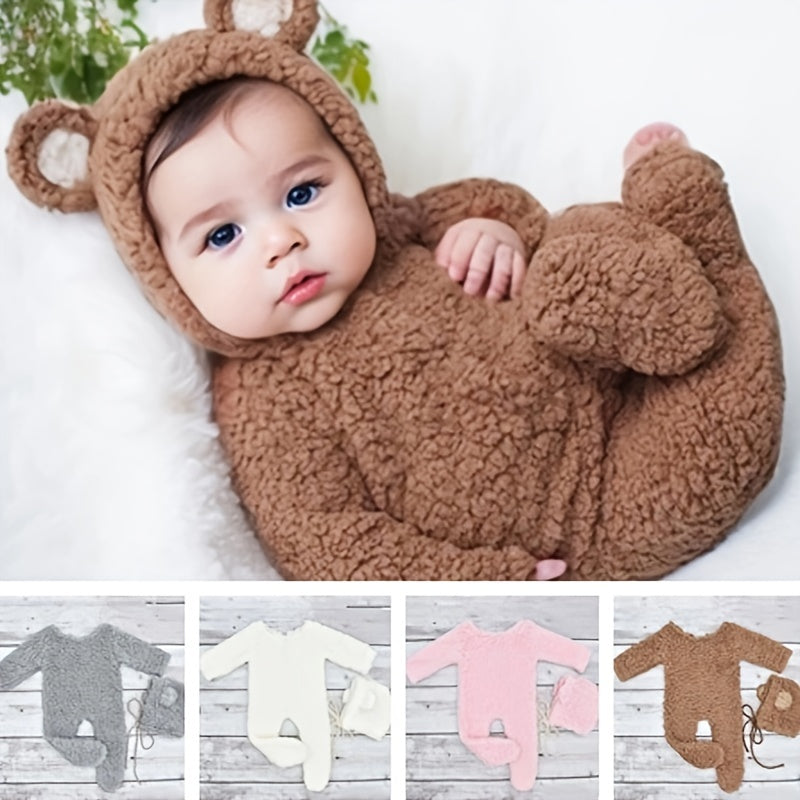 Soft Acrylic Bear Photo Outfit Set for Youngsters with Matching Hat - Choose from Bright Pink, Deep Brown, Grey, or White - Ideal Keepsake for Your Adorable Little One