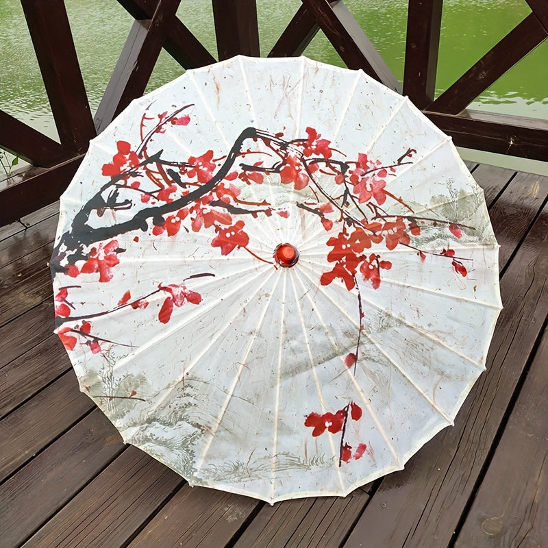 Chinese Flowers Parasol Umbrella with Cherry Blossom Sakura Floral Bamboo Handle for Sun and Rain Protection, Ideal for Weddings and Parties.