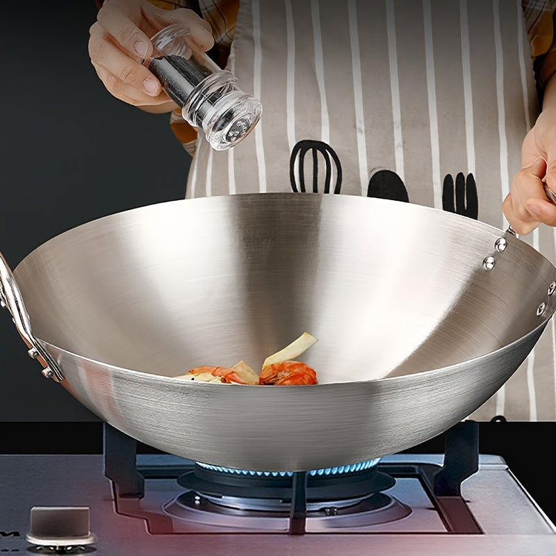 Stainless Steel Wok with Double Handles, 38.0cm Size, Heavy-duty Uncoated Pan for Restaurant-Style Cooking. Durable for Chef's Kitchen or Home Use, Easy to Clean and Food-Safe. Commercial Grade Quality.