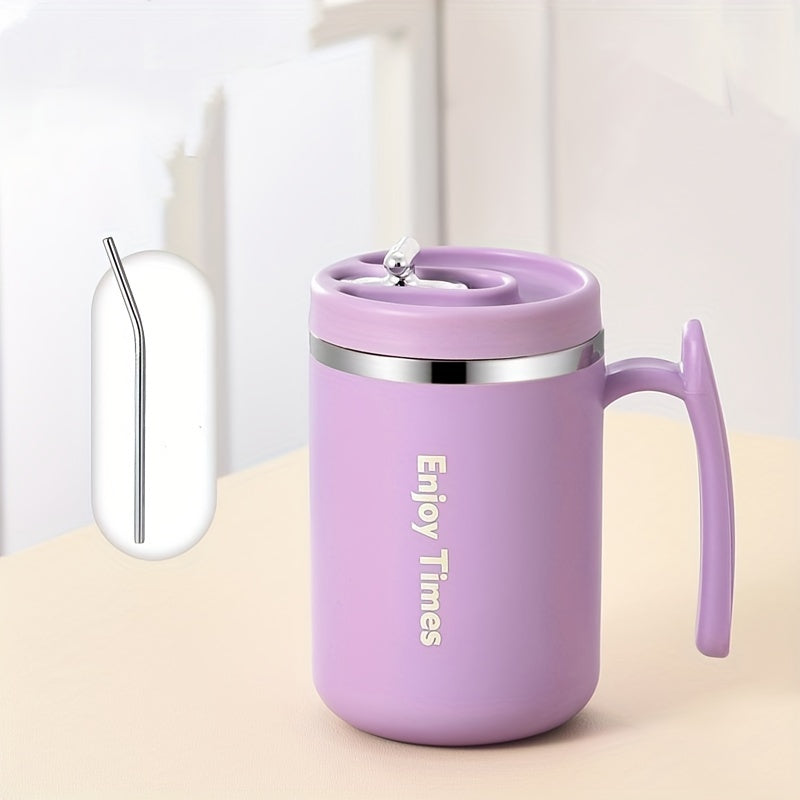 Stylish stainless steel coffee mug with straw, handle, perfect for office, reading, camping. Available in orange, light blue, cream, ideal for drinking coffee or tea.