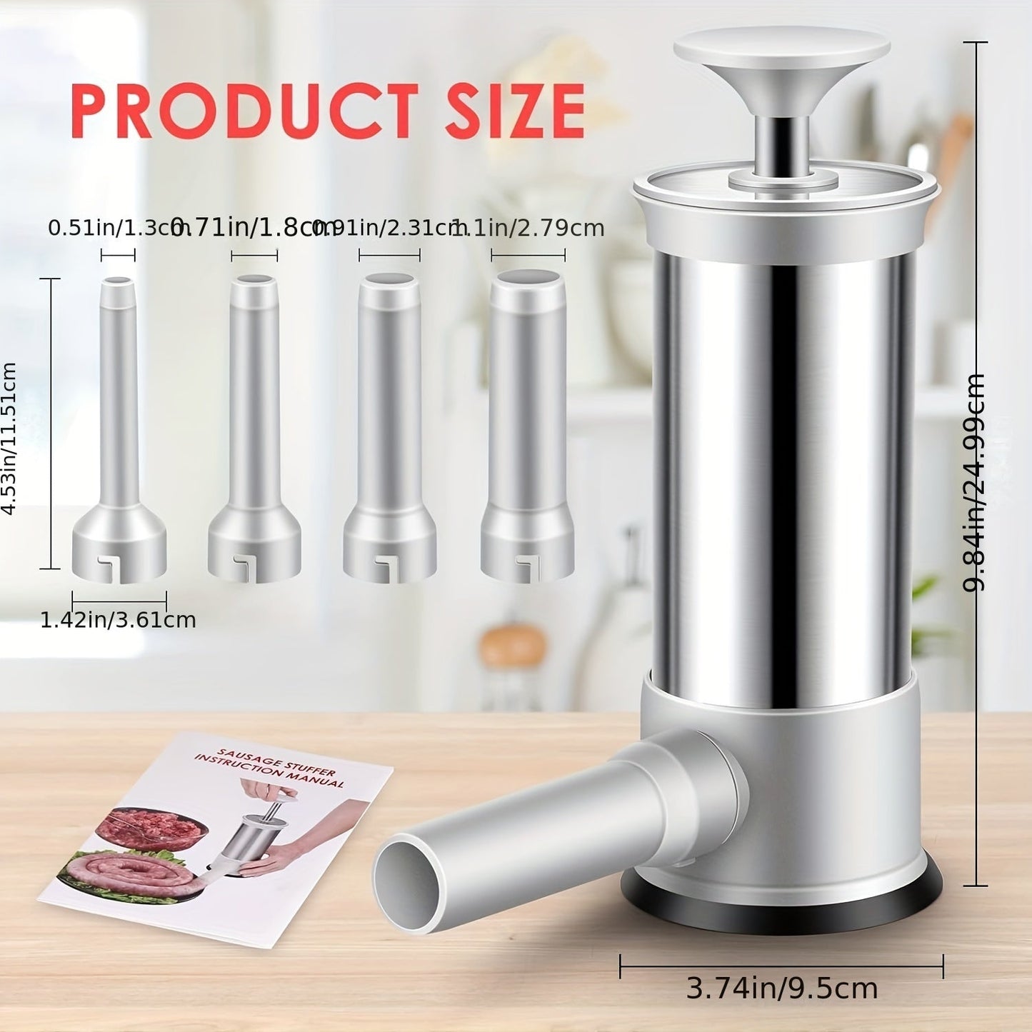 1 piece of Stainless Steel Sausage Syringe Machine with Stuffing Tubes, Manual Sausage Stuffer Filler, Hand Operated Salami Maker - Kitchen Tools and Accessories.