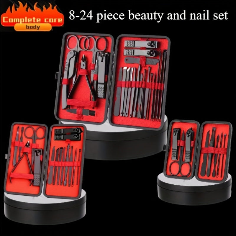 Nail clippers set with 8/15/24 pieces in a portable travel case for professional manicure and pedicure grooming on the go.