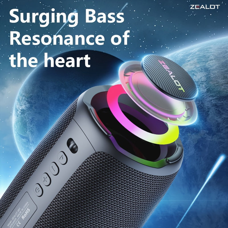 ZEALOT S61 20W Wireless Speakers support wired microphone and dual pairing. Features include 3600mAh battery for 20 hours of playtime, loud stereo, and booming bass. Compatible with mobile