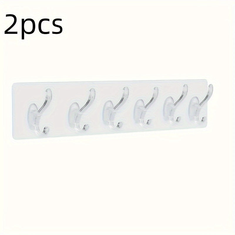 1 piece of adhesive row hooks with six linked transparent seamless hooks that are oilproof and waterproof.