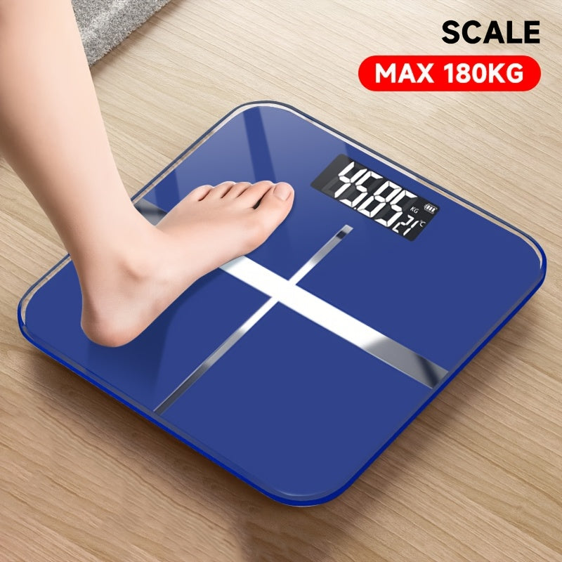 Modern black bathroom scale with 183.7 KG capacity, LCD display, sleek design for home use.