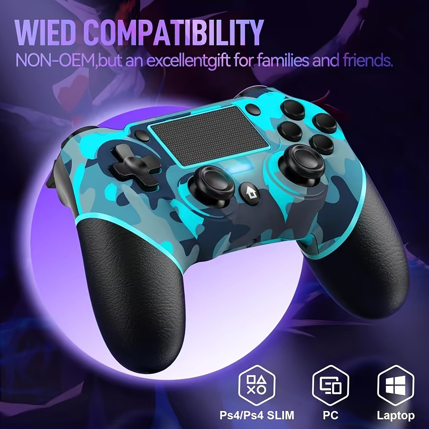 Wireless PS4 gamepad with USB cable, 600mAh battery, dual vibration, motion control, audio jack, touchpad, share button, compatible with PS4/Slim/Pro/PC/ios/Android/tablet/Steam.