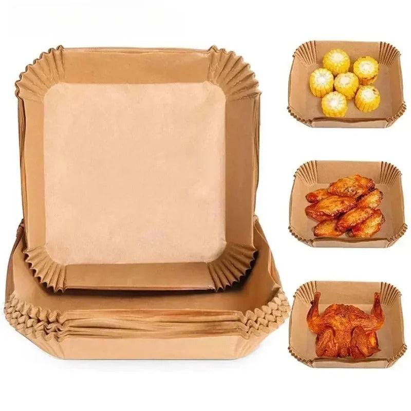 Set of 100 disposable air fryer paper liners, 16cm size, oil-proof and water-proof. Perfect for use in Airfryers, these disposable cooking paper trays also double as baking paper.