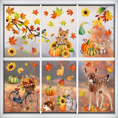 68 large fall decorations including cute animals, pumpkins, and maple leaves in a set of 9 Autumn Harvest window clings. Easy to apply and remove, making them perfect for decorating Thanksgiving home and party display windows.