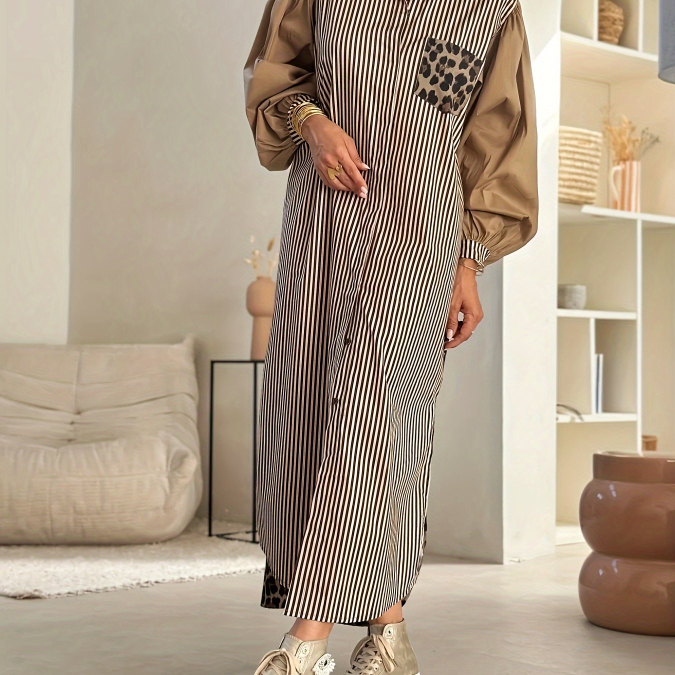 Chic leopard print and striped maxi dress for women with cat ear design, long sleeve, button front, lightweight polyester, machine washable.