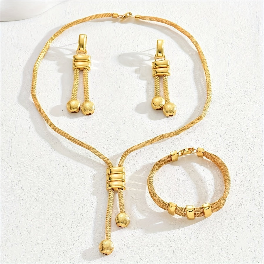 Vintage Boho Style 3-Piece Set of 14K Golden Plated Copper Jewelry, African Inspired, Featuring Necklace and Earrings for Women, Suitable for Daily and Party Wear.