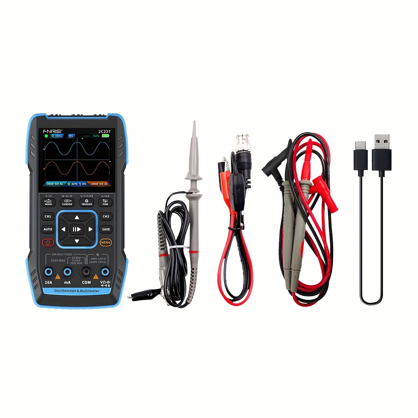 2C23T Handheld Digital Oscilloscope Multimeter with Function Signal Generator, 3In1 Dual-Track 10MHZ*2, 50Ms/S