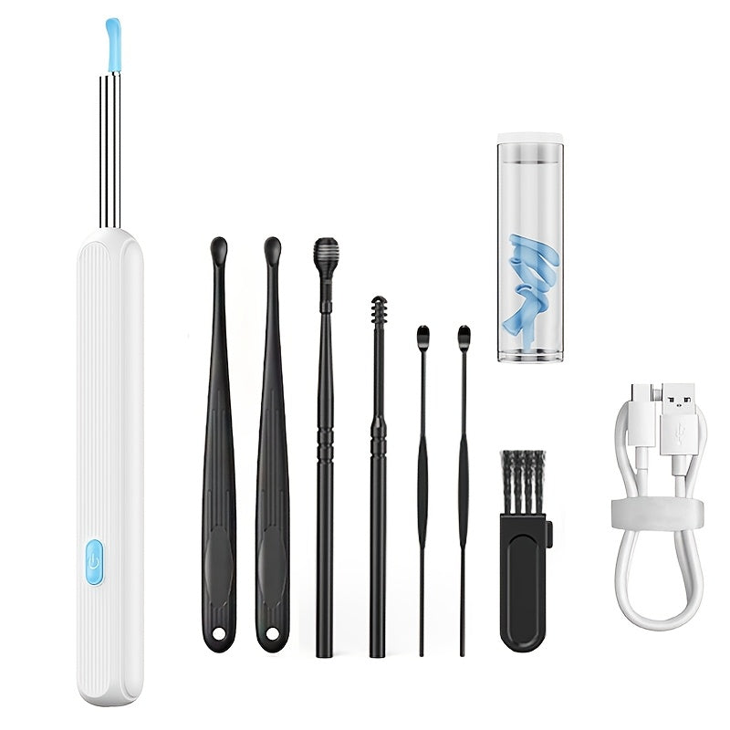 7-piece earwax removal kit includes camera, light, and 6 ear spoons. Rechargeable with lithium battery. Made with safe materials - no formaldehyde, metal, plastic, or silicone. Easy to use