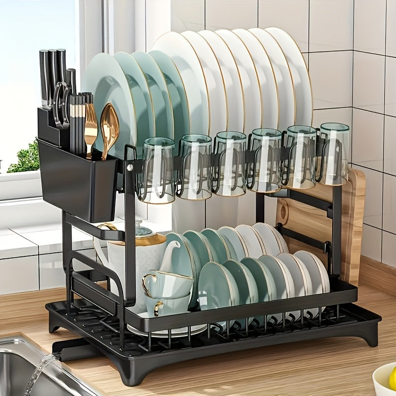 2-Tier Stainless Steel Dish Rack with Drainboard - Space-Saving Kitchen Organizer for Dishes, Utensils, and Cups