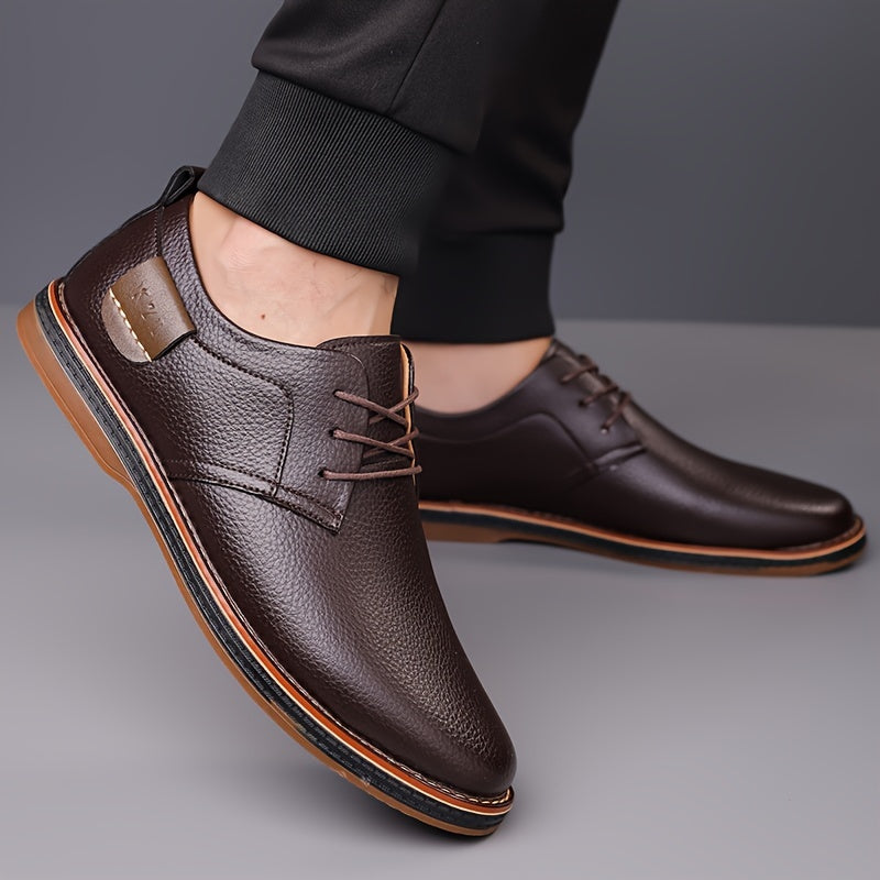 Men's fashion street style dress shoes with solid color microfiber synthetic upper, round toe, rubber sole, lining & insole, low top lace-up for daily & casual wear in spring/fall season.