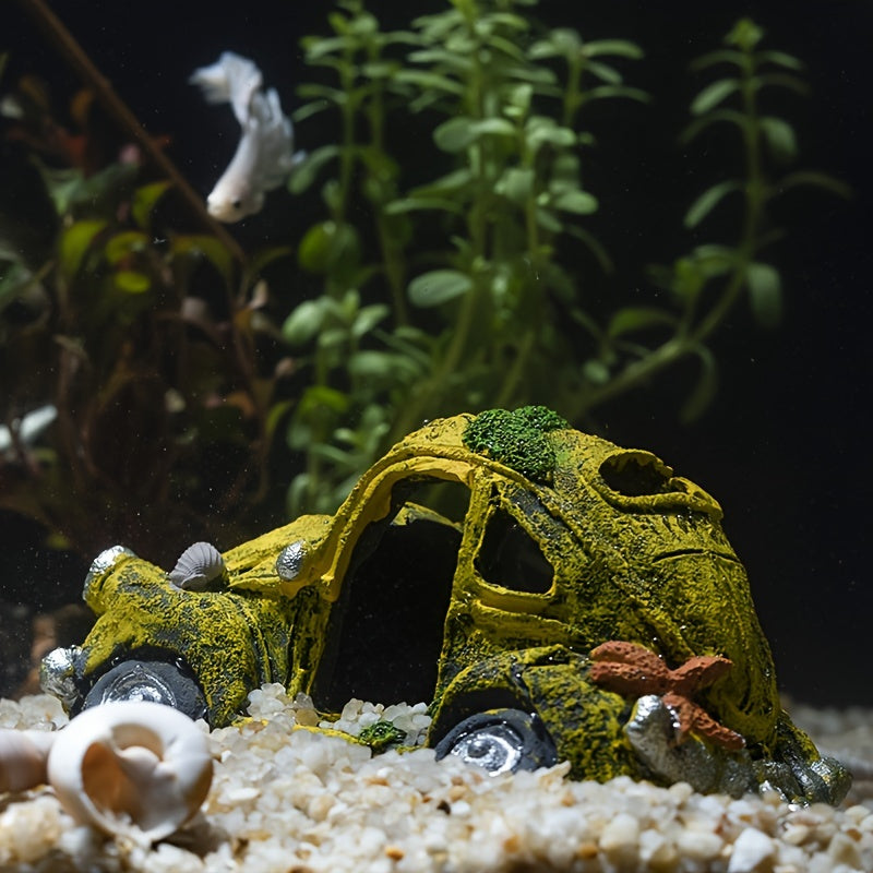 Aquarium decoration of old car bus hideaway ornament crafted from resin.