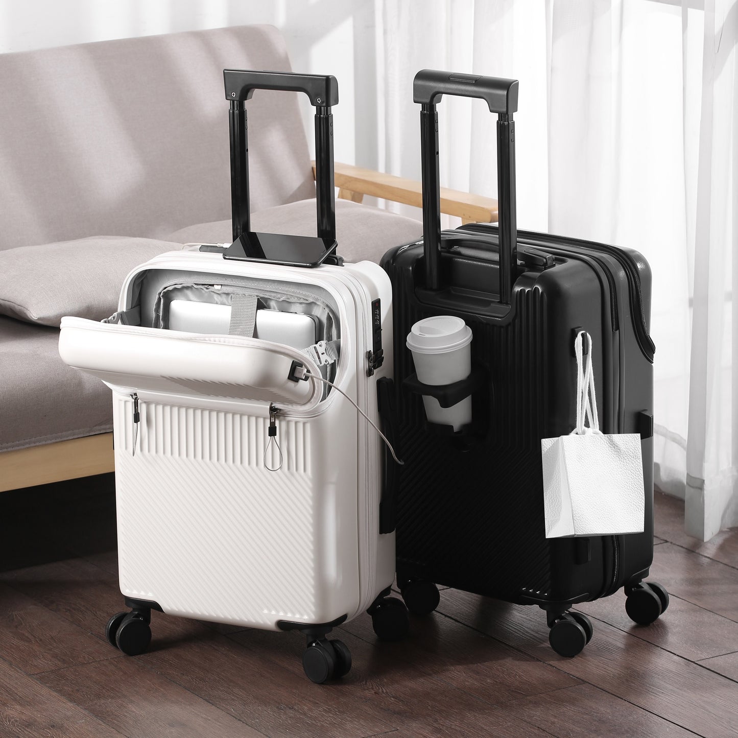 Travel in style with the 50.8 cm lightweight trolley bag with a front opening, cup holder, and password box.