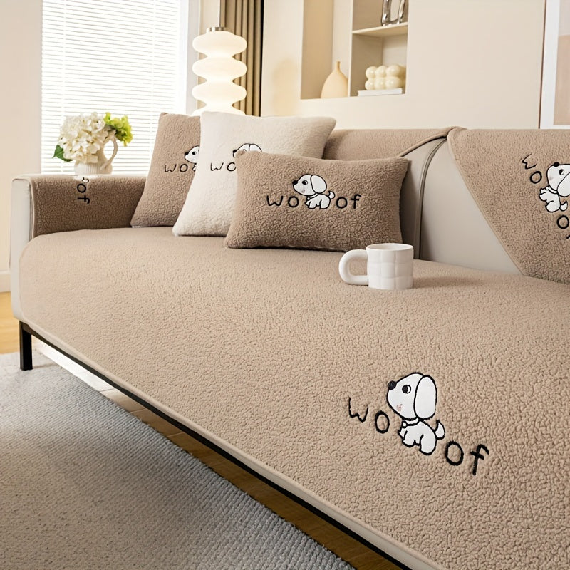 Soft Sherpa sofa cover, pet-friendly, non-slip, machine washable.