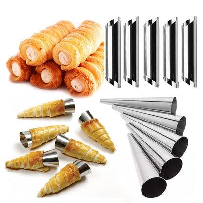 Set of 5 Stainless Steel Cream Horn Molds for Making Cannolis, Non-Stick Pastry Filling Tubes for Danish Pastries, Perfect for Croissant Shells, Cream Rolls, Puffs, and Waffle Cones. Essential Baking Supplies and Kitchen Gadgets.