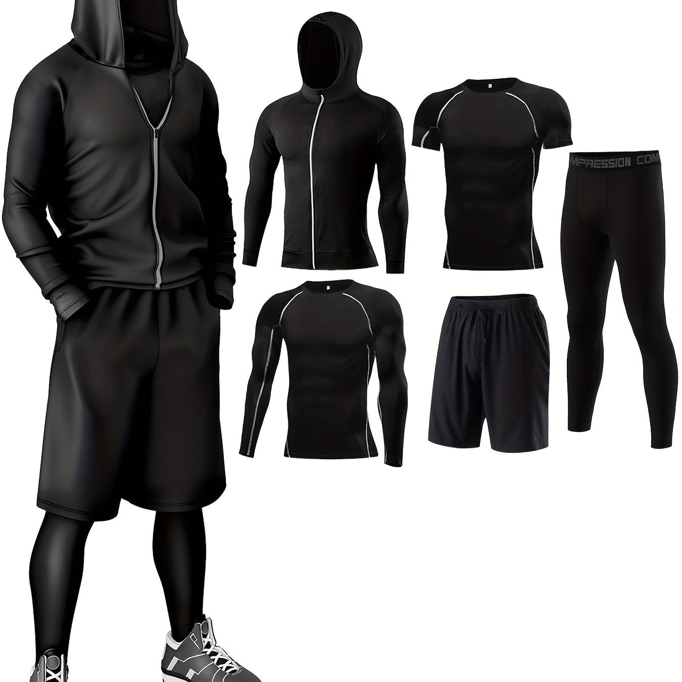 5-piece athletic sportswear set made of quick-dry knit polyester and elastane blend for all-season wear. Includes hoodie, t-shirts, shorts, and pants for various activities like running