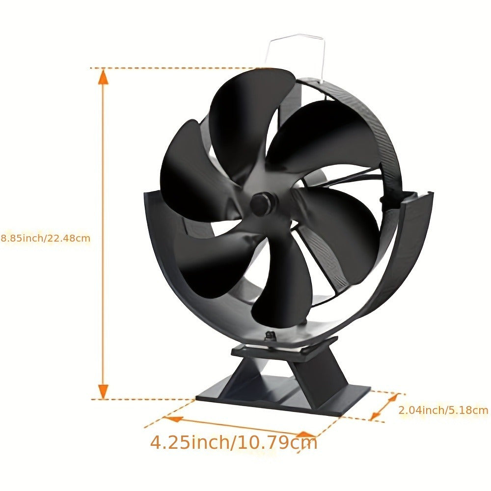 Wood stove fan with rotating blades that can move 180°, exhausts heat with its 6-blade design, made of aluminum for silent and portable operation. No electricity required, suitable for use with wood, gas, and pellet log stoves.