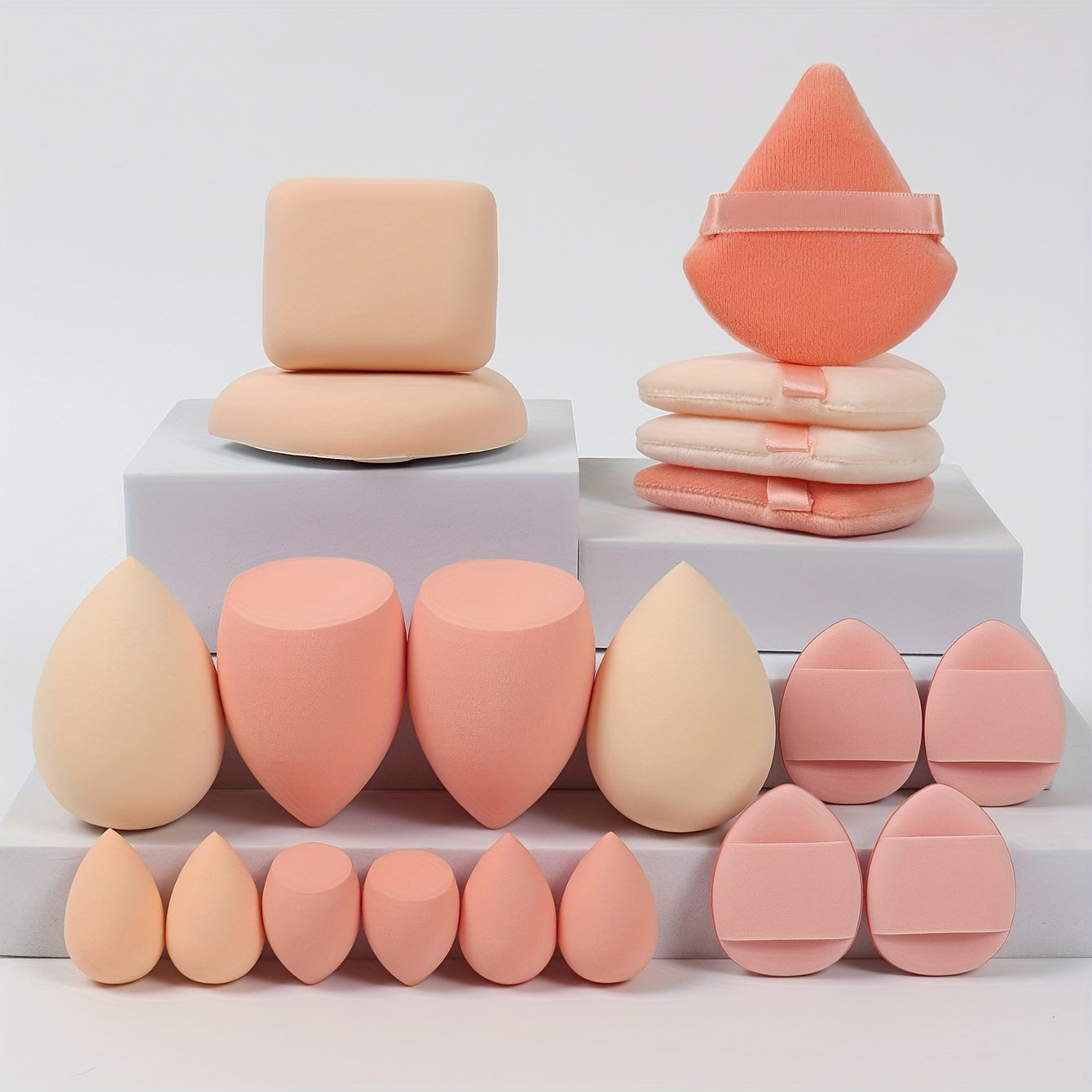 A 20-piece candy set includes various beauty sponges for blending makeup and covering imperfections. Latex-free and suitable for all skin types.