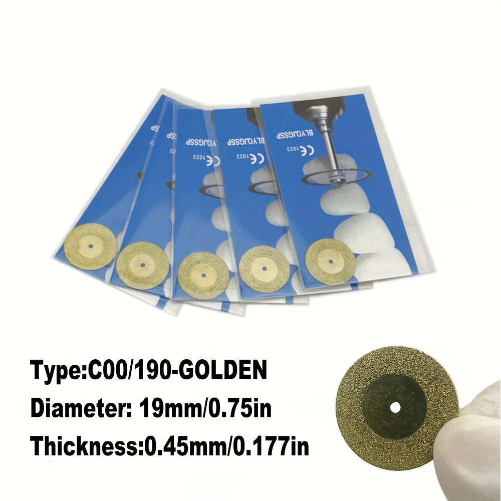 Five dual-sided diamond cutting discs for dental labs, in silver or golden, for high precision grinding and polishing.