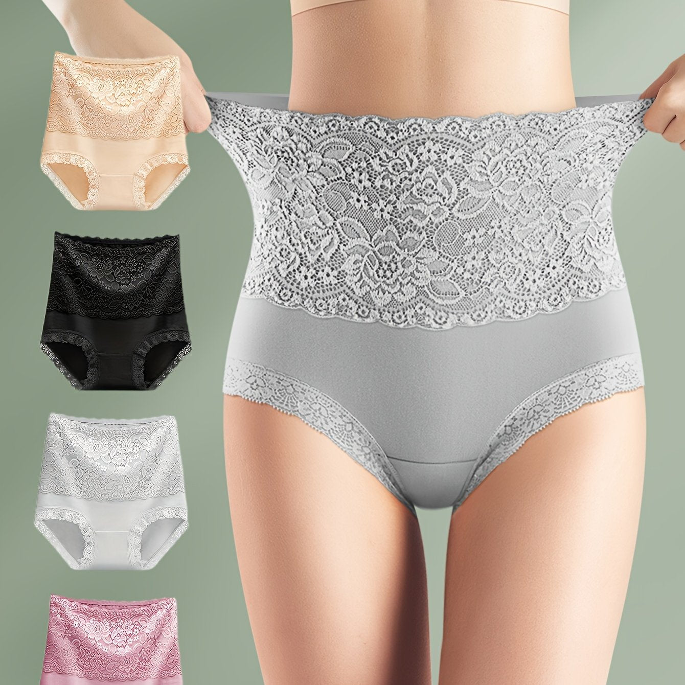 Set of 4 high waist shaping panties with floral lace design to control tummy and lift butt, ideal for women's underwear and shapewear.