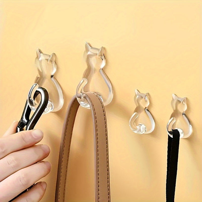 2 Cute Cartoon Cat Adhesive Hooks for Coats, Towels, Shower Curtains - Strong, Transparent, No-Damage - Ideal Bathroom Decor