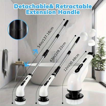 The electric cleaning brush features a rotary floor scrubber, wireless design, and 8 replaceable brush heads. With an adjustable extension handle and 360-degree rotation, this cordless cleaning brush is perfect for bathrooms and bathtubs. It includes a