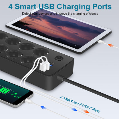 1pc Surge Protector Power Strip with 6 AC Outlets, 3 USB Ports (1 USB-C), and 182.88cm Extension Cord. Wall-mountable and suitable for Home Office Dorm Essentials.