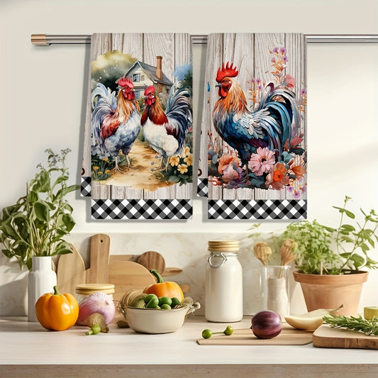 Set of 2 vintage rooster kitchen towels, machine washable and super absorbent. Perfect gift for chicken lovers.