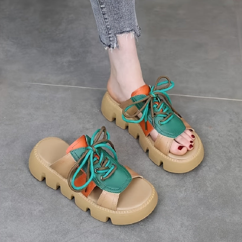 Casual lace-up slide sandals for women in colorblock design, open toe, and comfortable fit for summer.