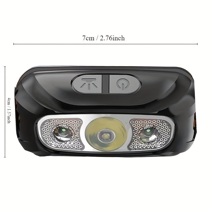 Motion sensor LED headlamp with dimmable high-intensity lights, portable, USB rechargeable for camping and emergencies.