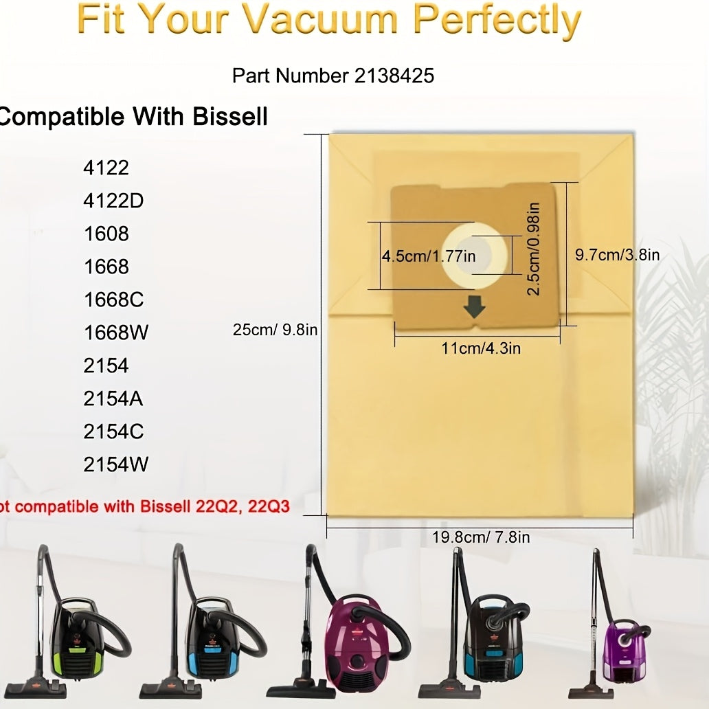 Replacement part #2138425, the 8-Pack Bissell Zing Bagged Canister Vacuum Bags are compatible with models 4122, 2154A/W/C, 1668/W/C, 1608. Made of durable polycarbonate PC, these bags feature an O-ring seal and double-layer filtration for efficient